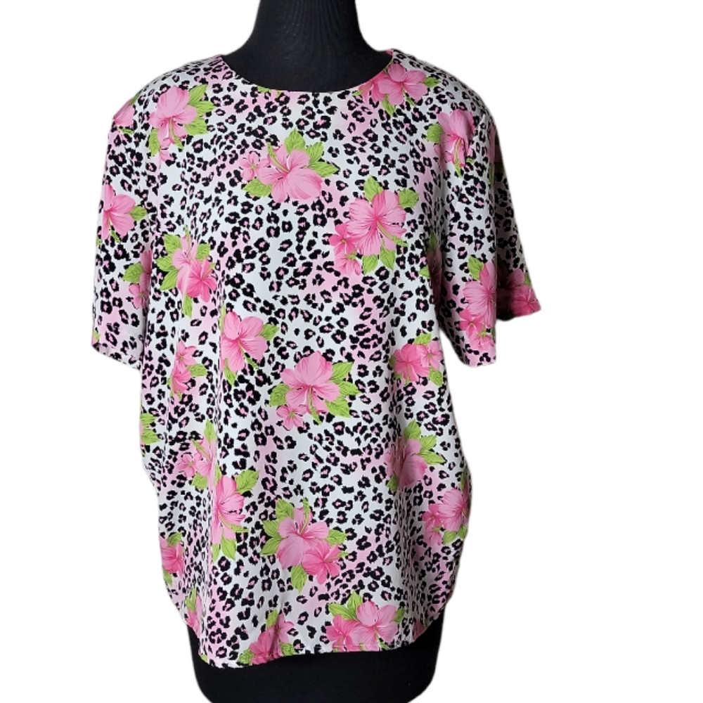 Notations floral leopard print short sleeve top pink black white green large